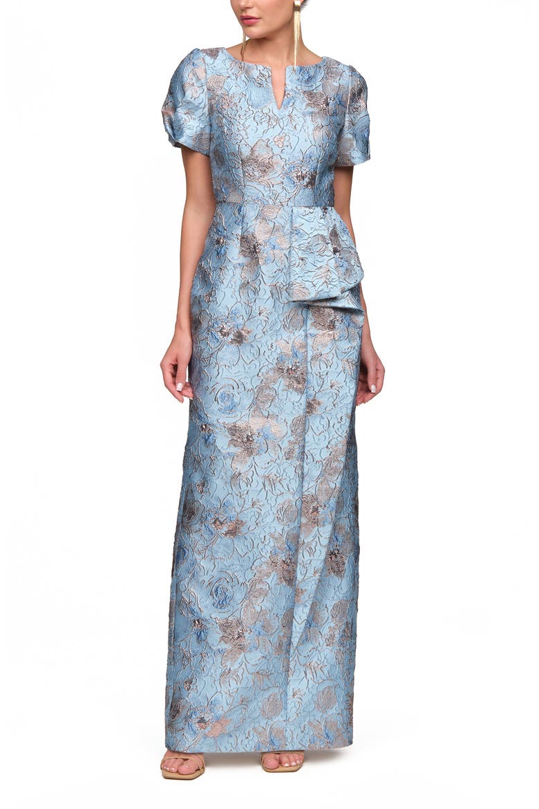 Daria Floral Puff Sleeve Column Gown, Main, color, BLUE GOLD