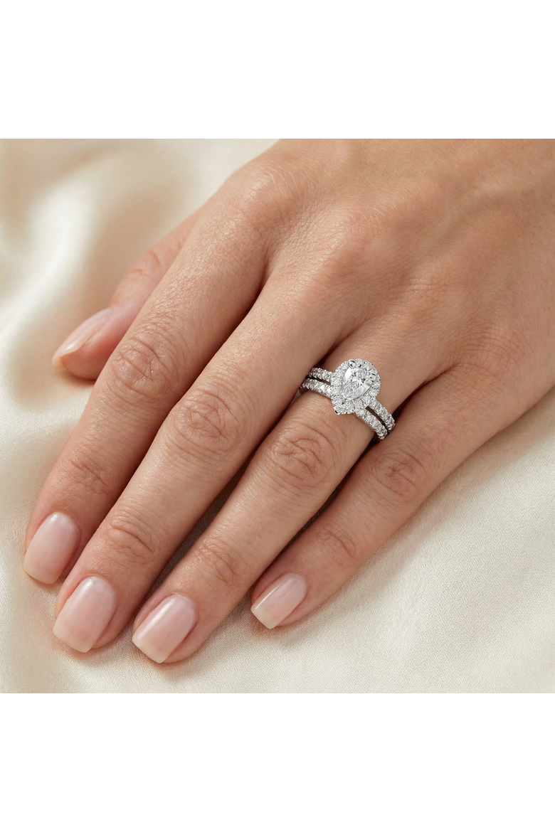 1 1/10ct Pear Halo Diamond Engagement Wedding Ring Set, Alternate, color, 14k White Gold