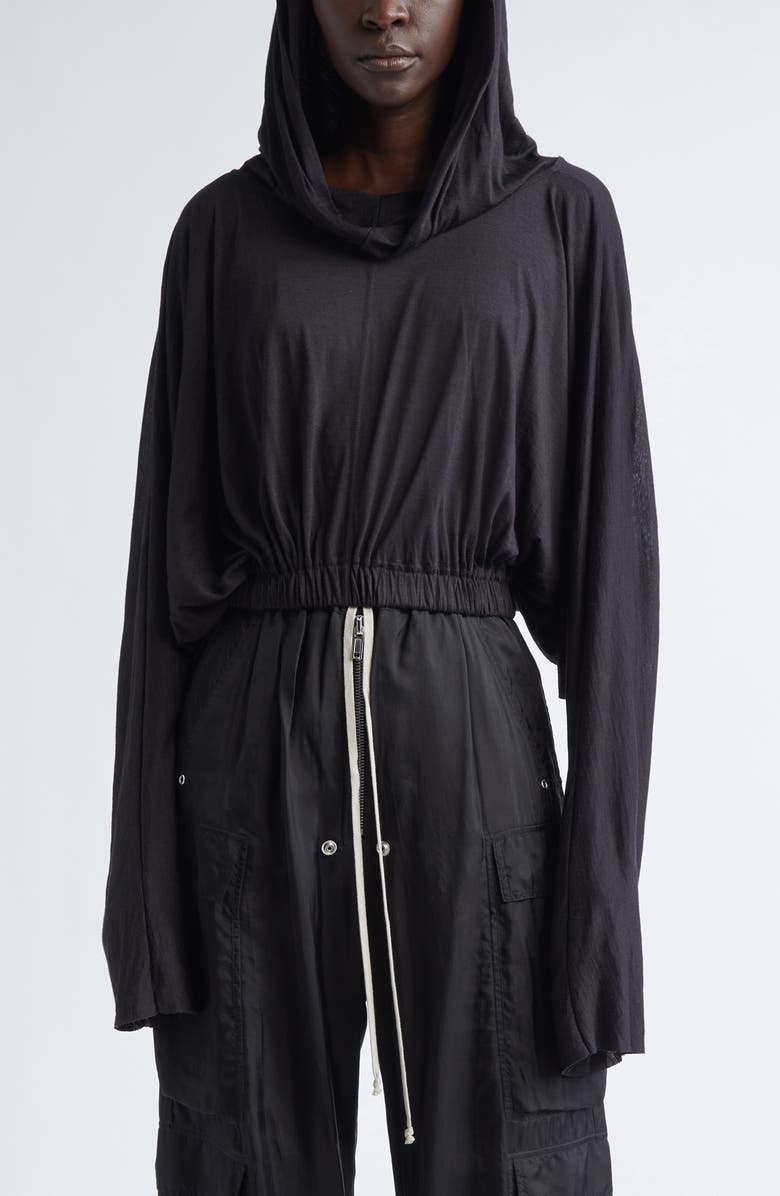 Rick Owens Crop Virgin Wool & Silk Hoodie, Main, color, Black