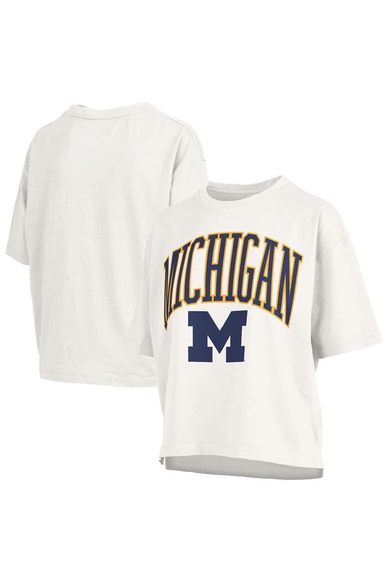 Women's Pressbox White Michigan Wolverines Nelson Arch Over Logo Waist Length Oversized Slub T-Shirt, Alternate, color, White