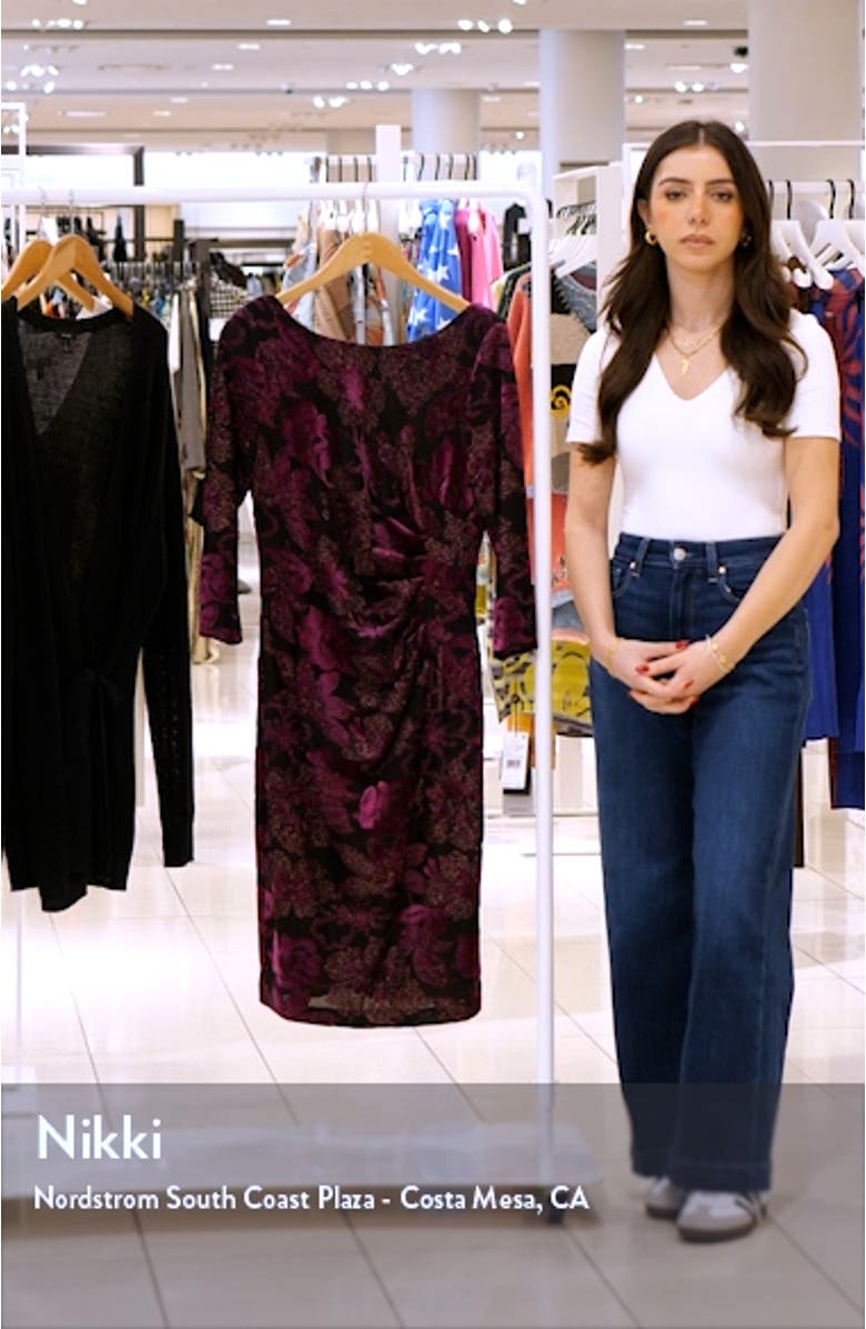 Floral Metallic Drape Back Three-Quarter Sleeve Midi Burnout Velvet Sheath Dress, sales video thumbnail