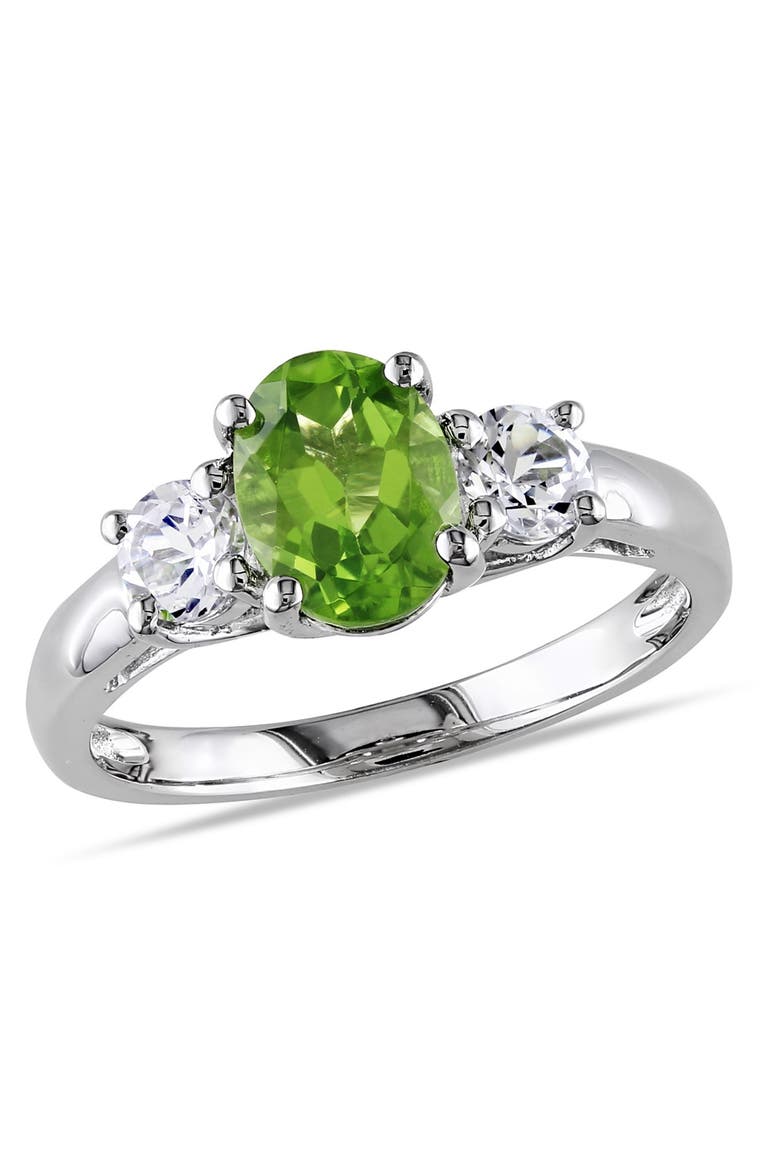 Sterling Silver Peridot & Created White Sapphire Three-Stone Ring, Main, color, GREEN