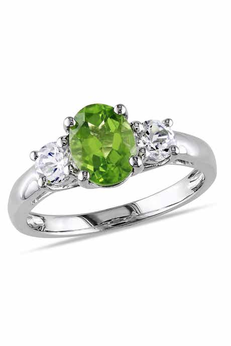 DELMAR Sterling Silver Peridot & Created White Sapphire Three-Stone Ring