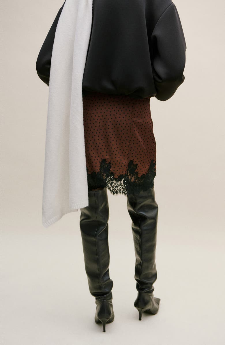 MANGO Polka Dot Lace Trim Satin Skirt, Alternate, color, Brown