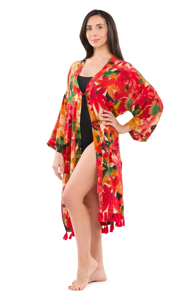 Patricia Nash Floral Tassel Trim Ruana, Alternate, color, Print