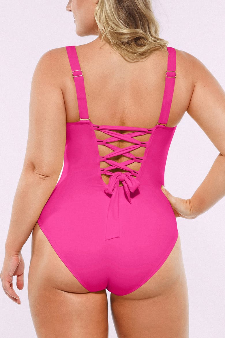Smart Sculpt Ruched V-Neck Shaping Swimsuit, Alternate, color, Fuchsia