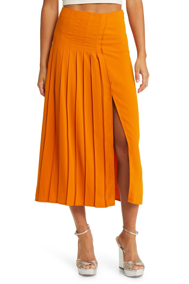 Pleated Midi Skirt, Main, color, ORANGE JAM
