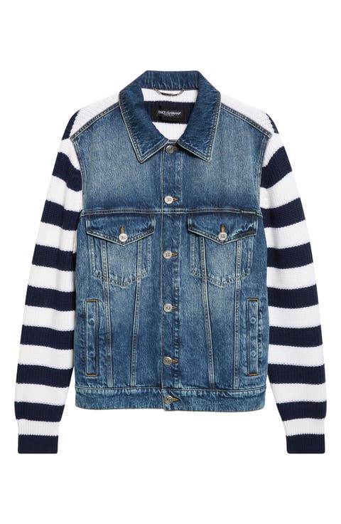 Mixed Media Stripe Wool & Cotton Denim Cardigan Jacket