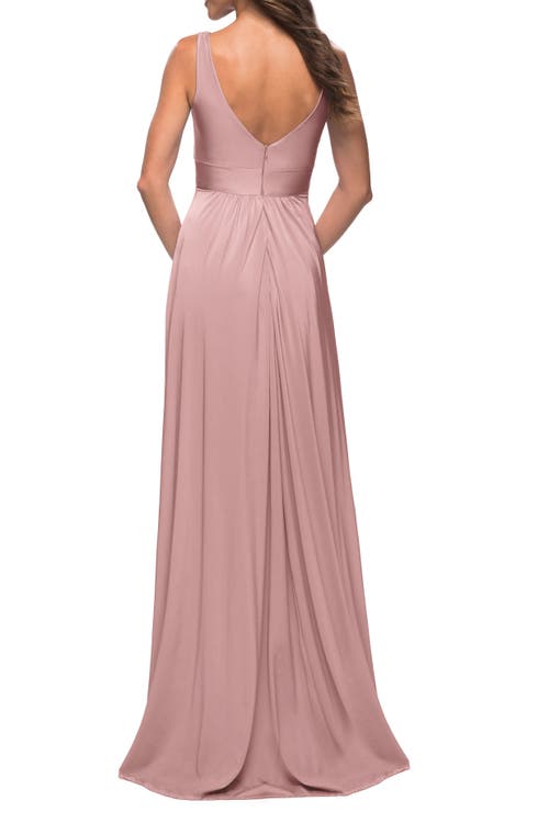 La Femme Empire Waist Gown With Deep V Neckline In Mauve