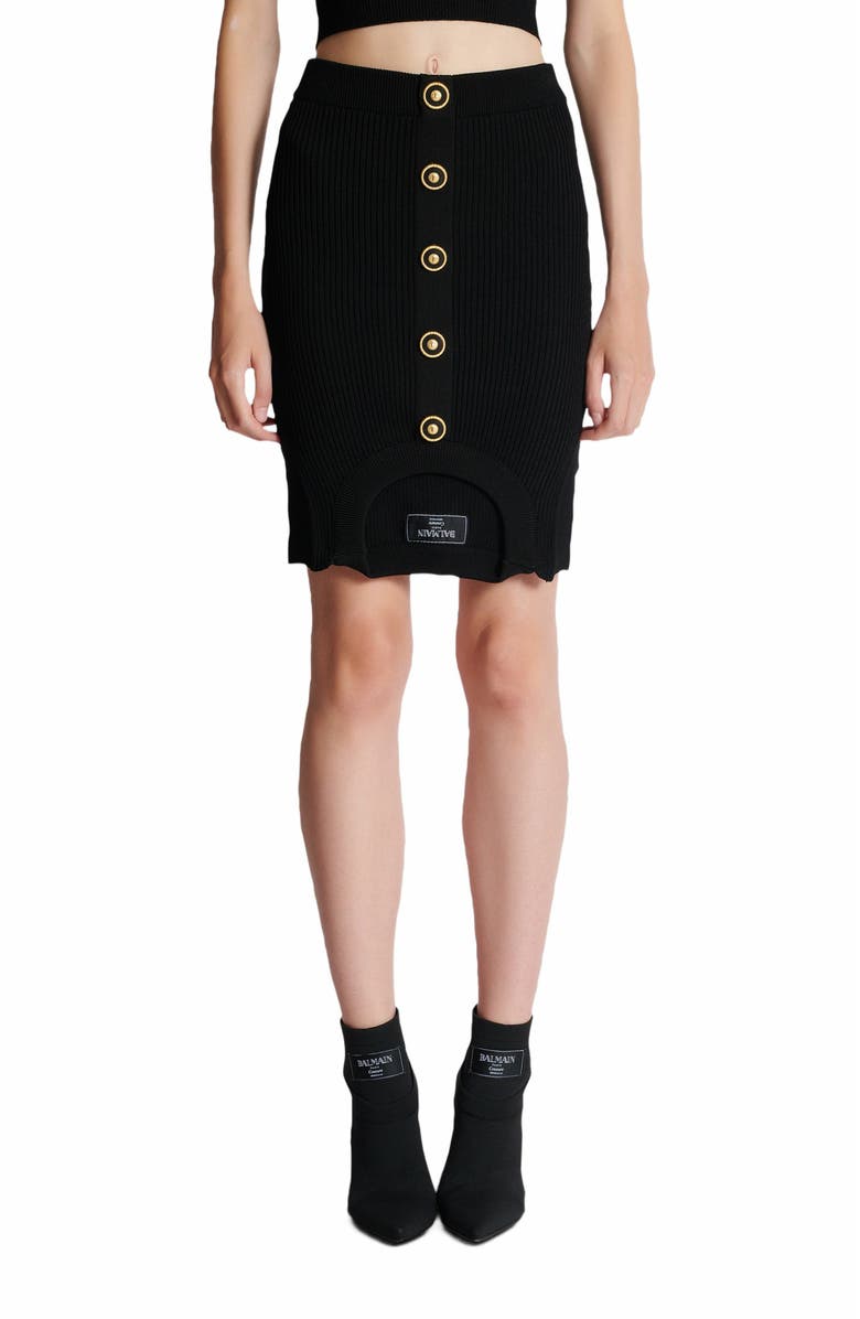 Balmain Short Optical Illusion Ribbed Knit Skirt, Alternate, color, Black