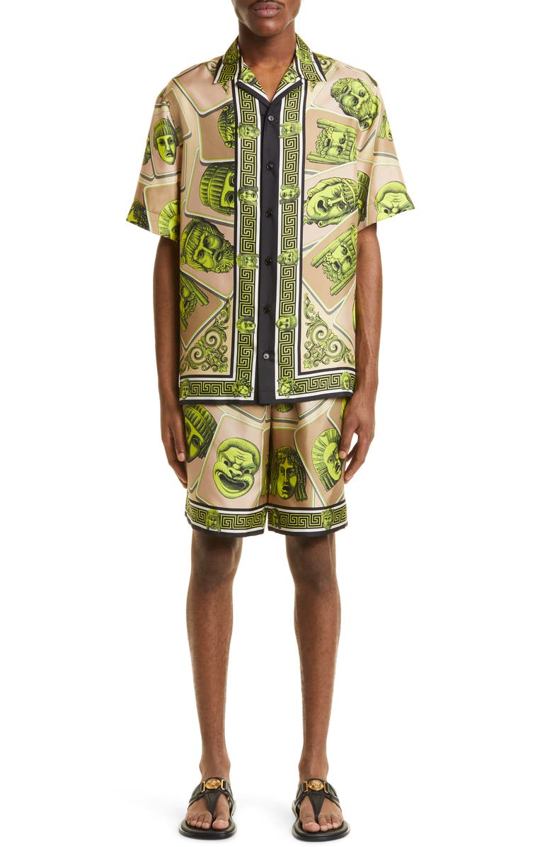 Versace Masks Print Short Sleeve Silk Camp Shirt, Alternate, color, 