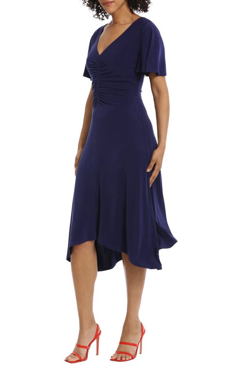 Maggy London Ruched Flutter Sleeve Midi Dress In Midnight