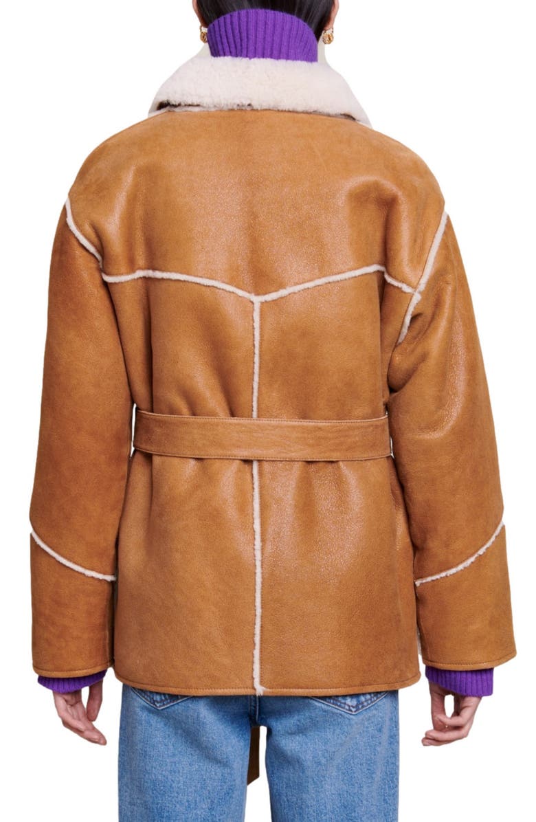 maje Belted Genuine Shearling Jacket, Alternate, color, 