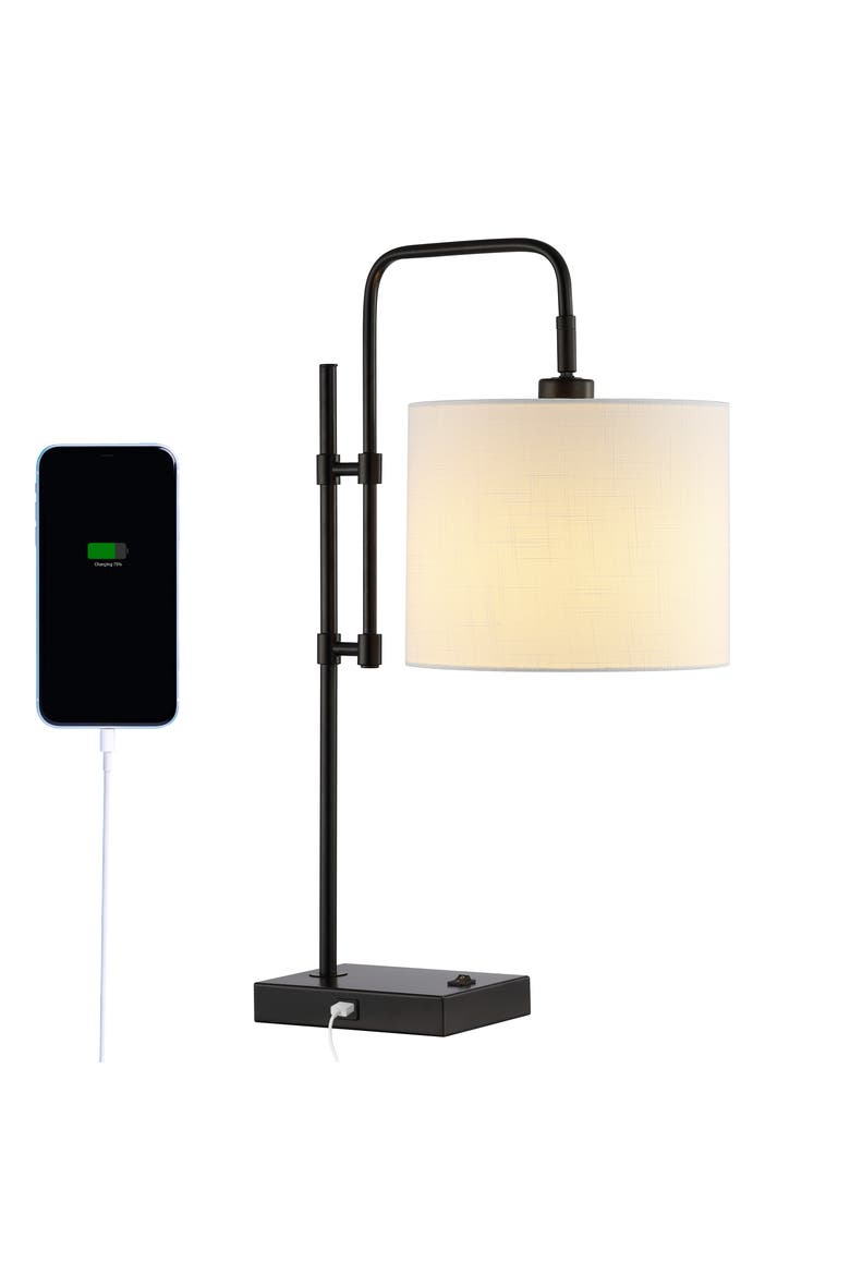Edris Industrial Designer Metal LED Task Lamp with USB Charging Port, Main, color, Black with White Shade