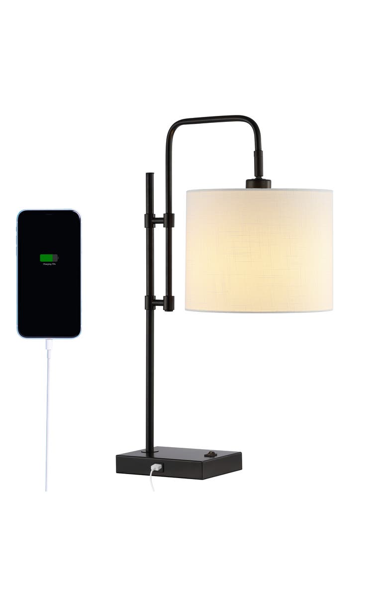 JONATHAN Y Edris Industrial Designer Metal LED Task Lamp with USB Charging Port, Main, color, Black With White Shade