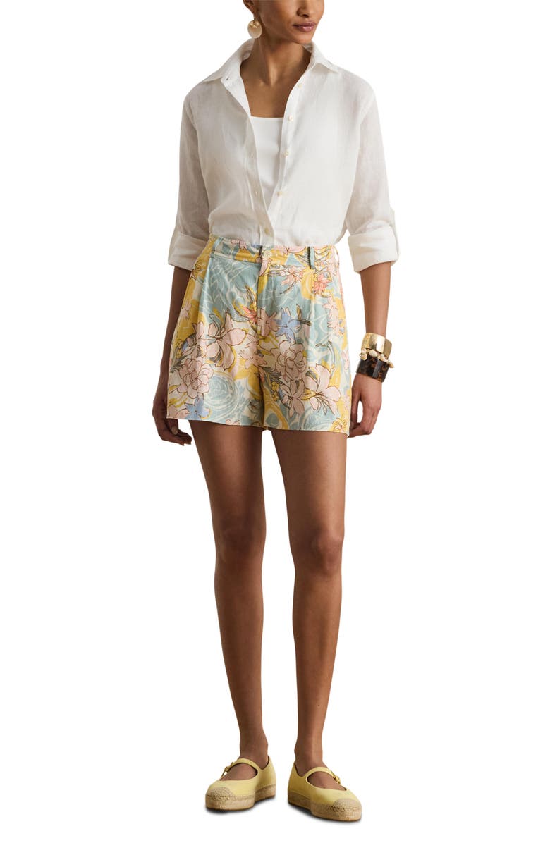 Lauren Ralph Lauren Floral Pleated Linen Short, Alternate, color, Cream/ Blue Multi