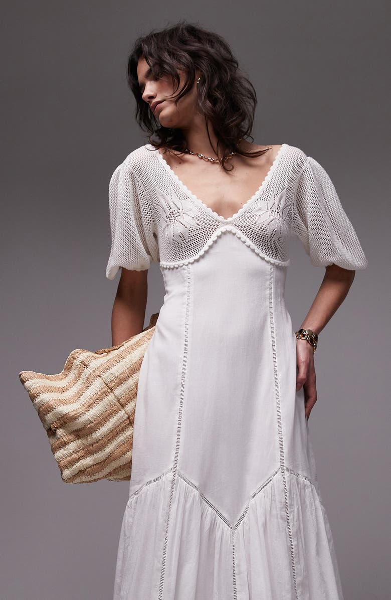 Topshop Puff Sleeve Mixed Media Maxi Sundress, Alternate, color, White