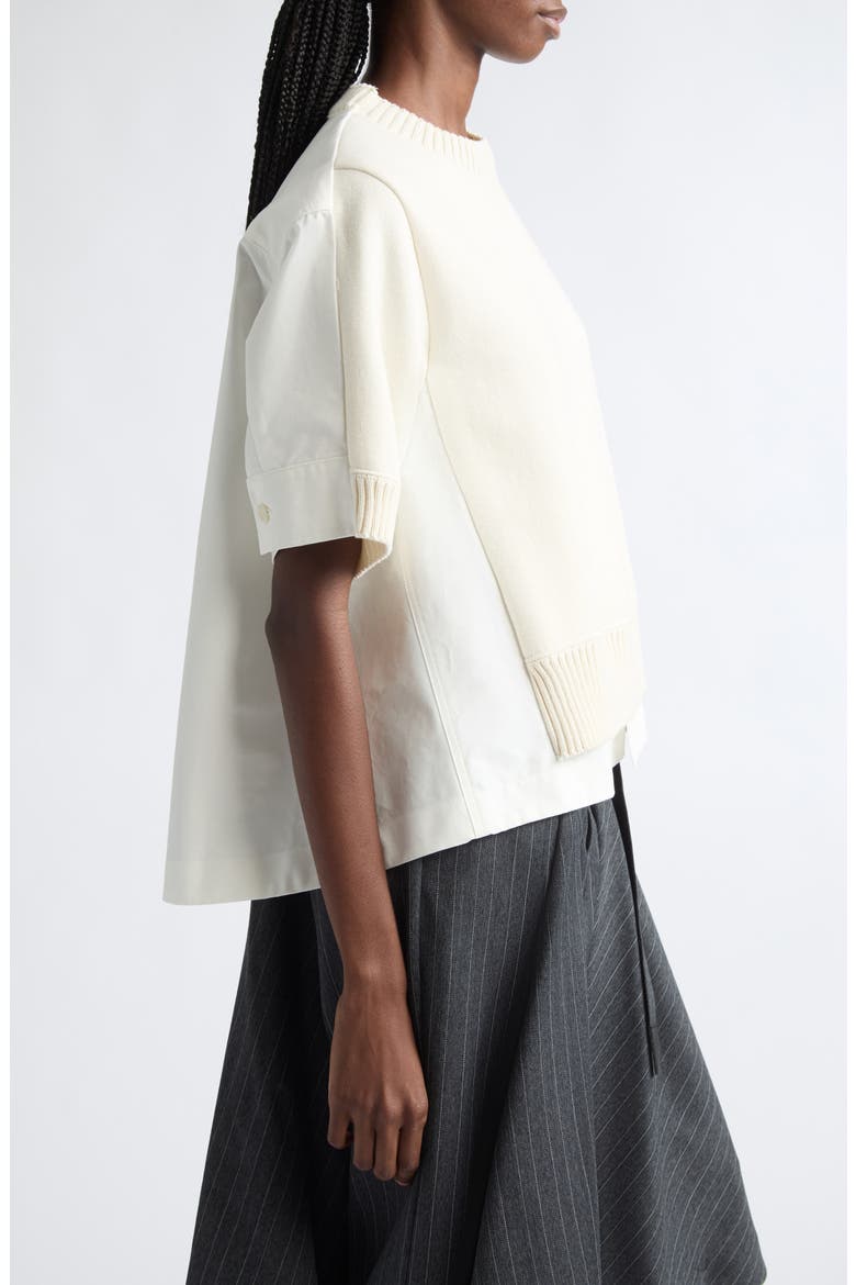 Mixed Media Short Sleeve Sweater, Alternate, color, OFF WHITE
