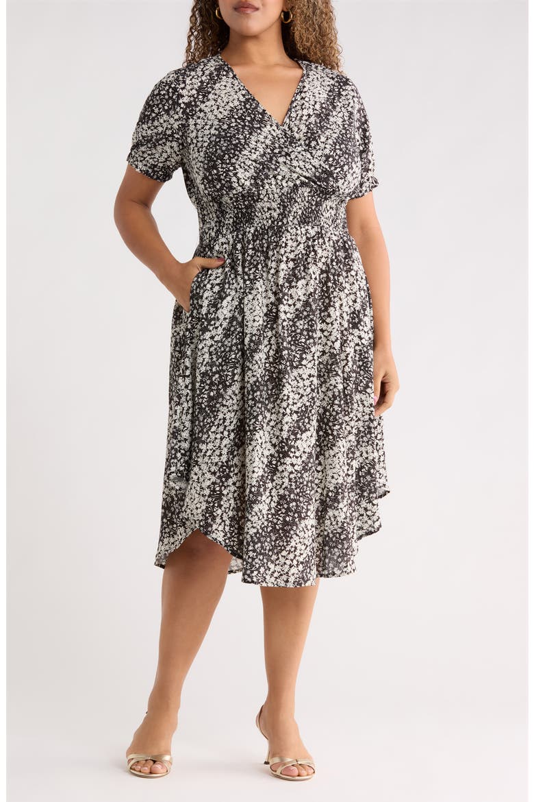 Short Sleeve Smocked Waist Midi Dress, Main, color, BLACK/ IVORY