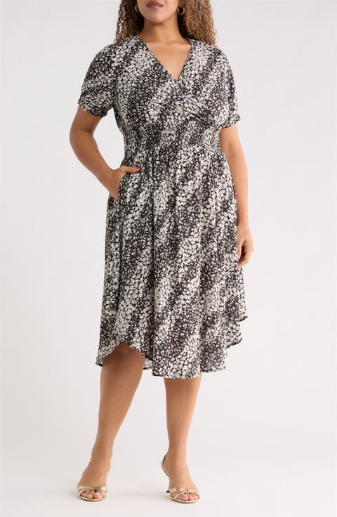 Short Sleeve Smocked Waist Midi Dress (Plus)