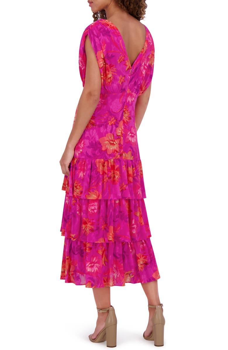 Kensie Floral Cap Sleeve Burnout Chiffon Tiered Maxi Dress, Alternate, color, Fuschia Mu