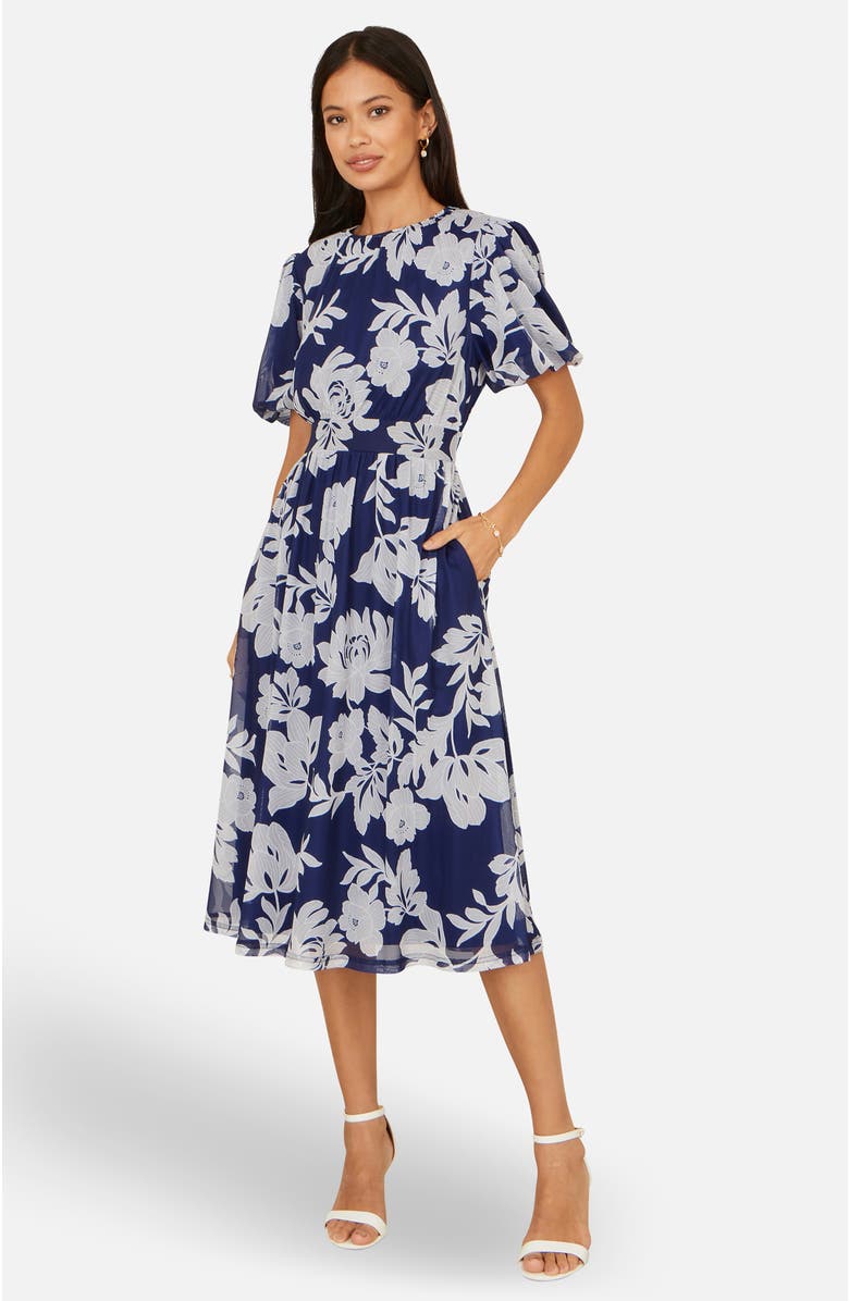 Yumi Flower Stretch Mesh Midi Dress, Alternate, color, Navy