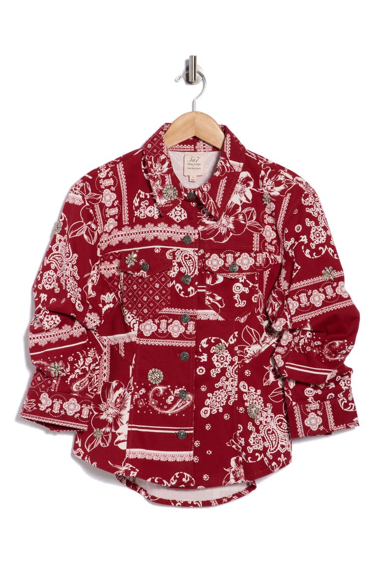 Bandana Print Twill Scrunch Sleeve Shirt Jacket, Alternate, color, BORDEAUX
