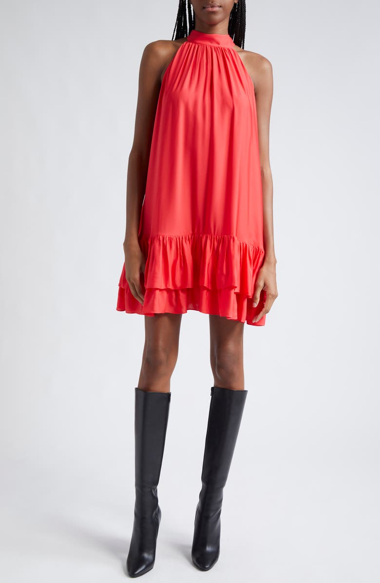 Alice + Olivia Erna Ruffle Hem Minidress, Main, color, Bright Poppy