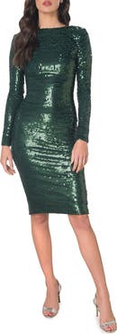 Dress the Population Emery Long Sleeve Sequin Cocktail Midi Dress