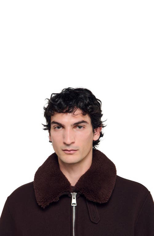 Sandro Mens Chocolate Shearling-collar Wool-blend Aviator Jacket In Brown