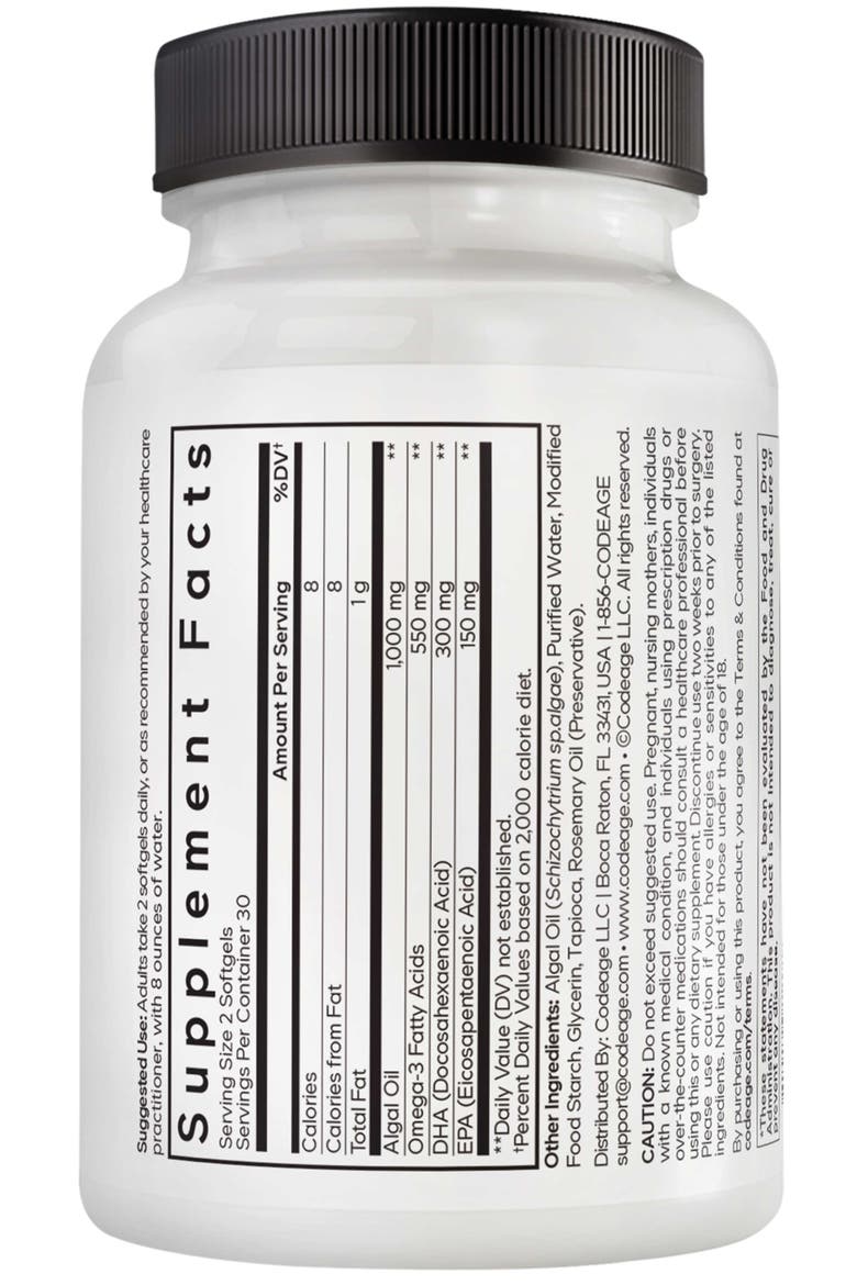 Algal Oil, 1000mg, Vegan Omega-3 Fatty Acids, DHA & EPA, Plant-Based Supplement, Alternate, color, White