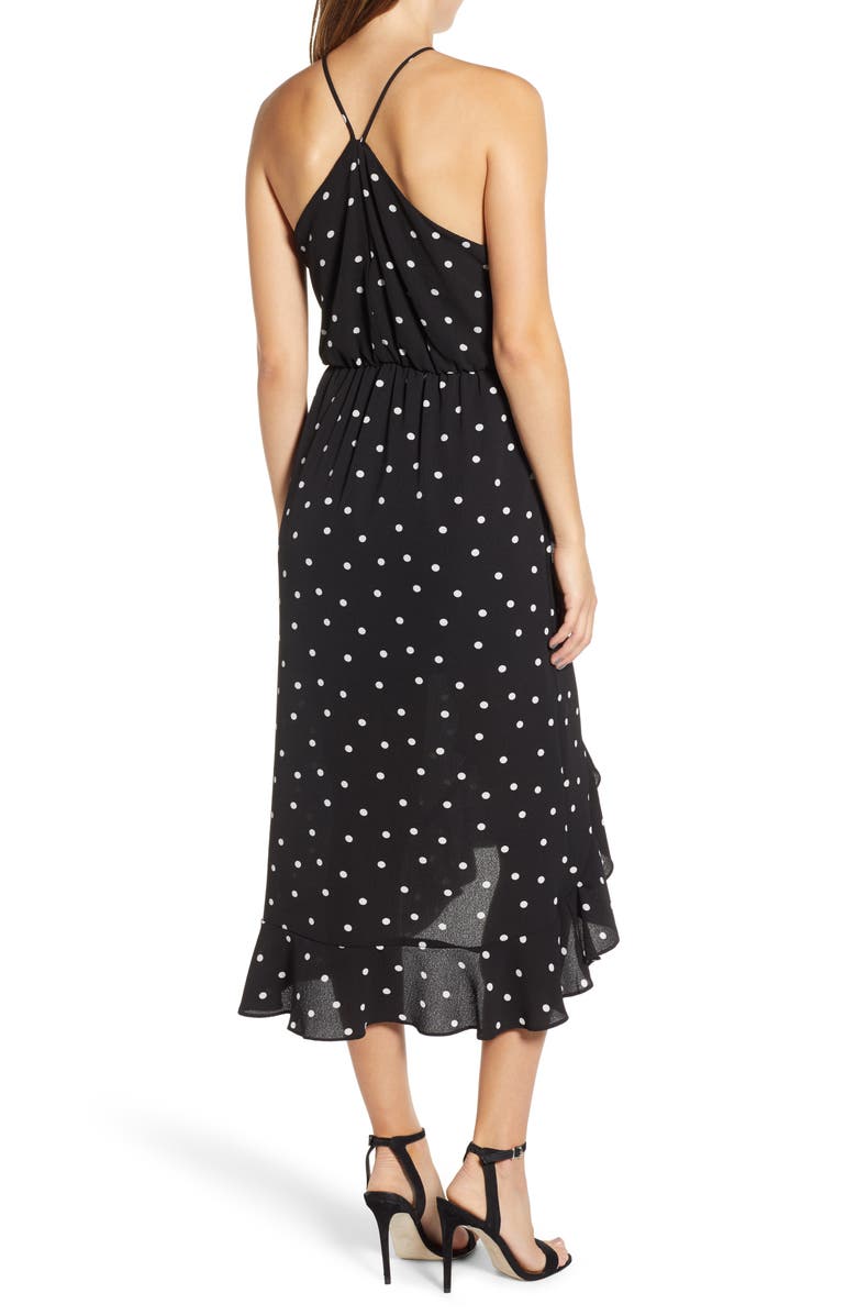 All in Favor Polka Dot Ruffle Trim Halter Dress, Alternate, color, 
