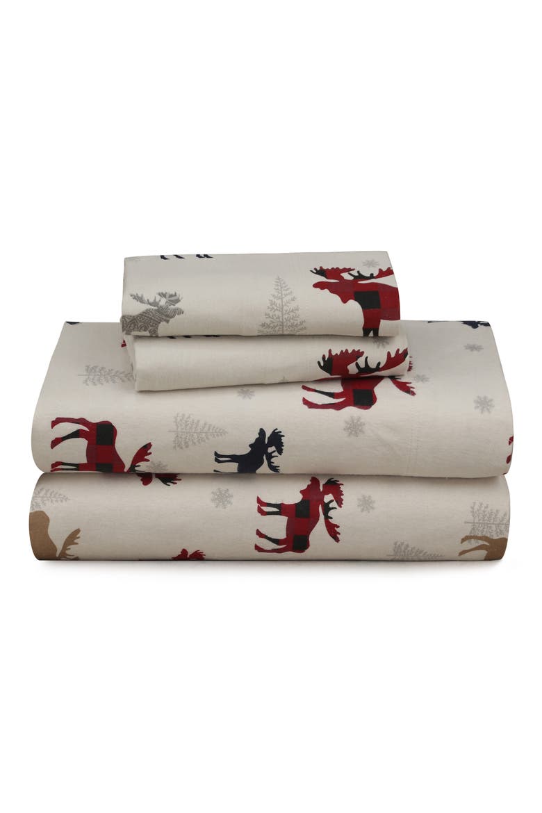 Moose Plaid Cotton Flannel Sheet Set, Main, color, MULTI IVORY