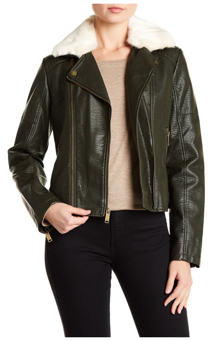 French Connection Faux Fur Collar Faux Leather Moto Jacket, Main, color, 
