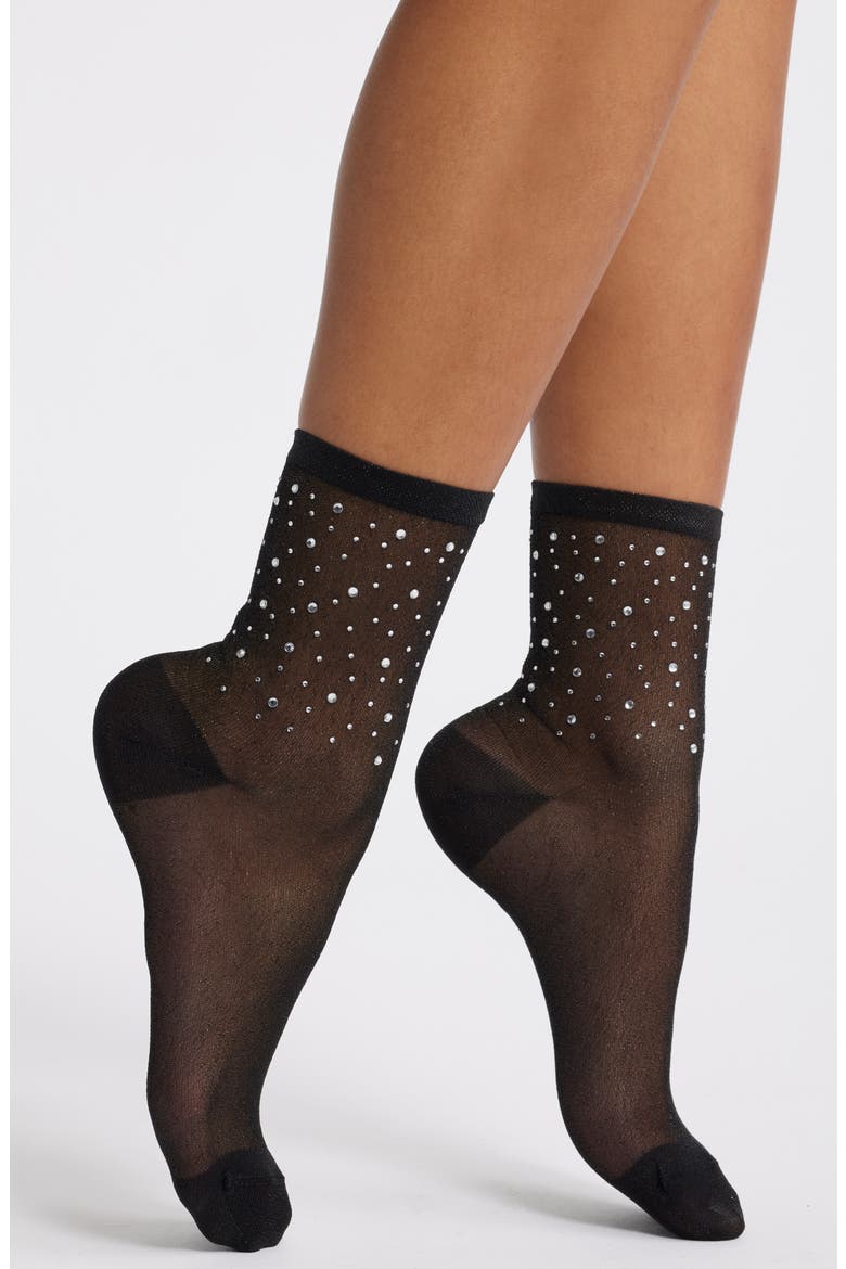 Rhinestone Metallic Quarter Socks, Main, color, BLACK