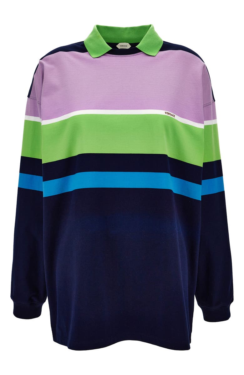 Versace Stripe Cotton Jersey Polo, Main, color, Bright Pink Green Blue