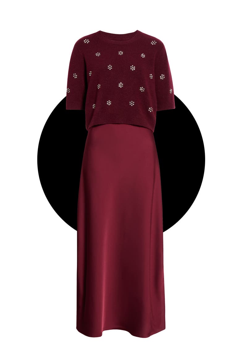 Satin Maxi Slipdress & Short Sleeve Sweater Set, Main, color, CRISP MERLOT
