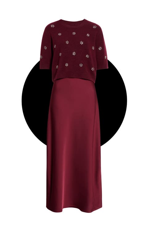 Satin Maxi Slipdress & Short Sleeve Sweater Set