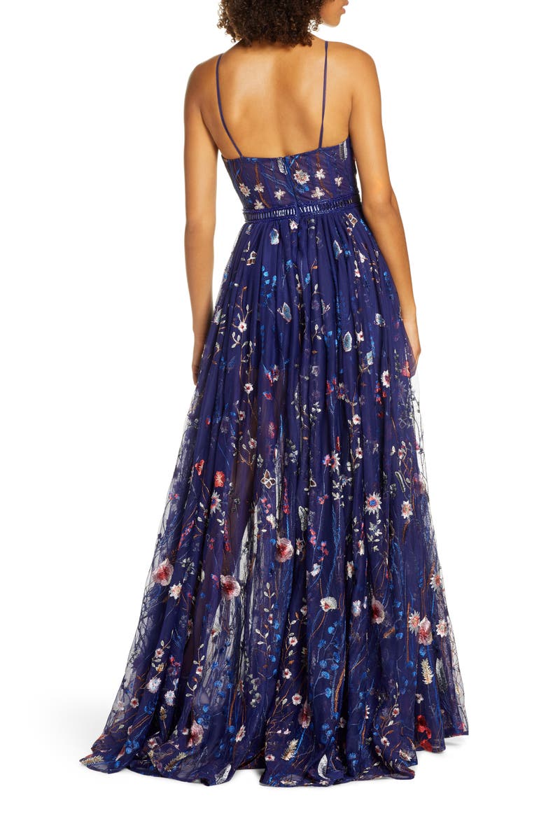 Embroidered Mesh Bustier Gown, Alternate, color, INDIGO