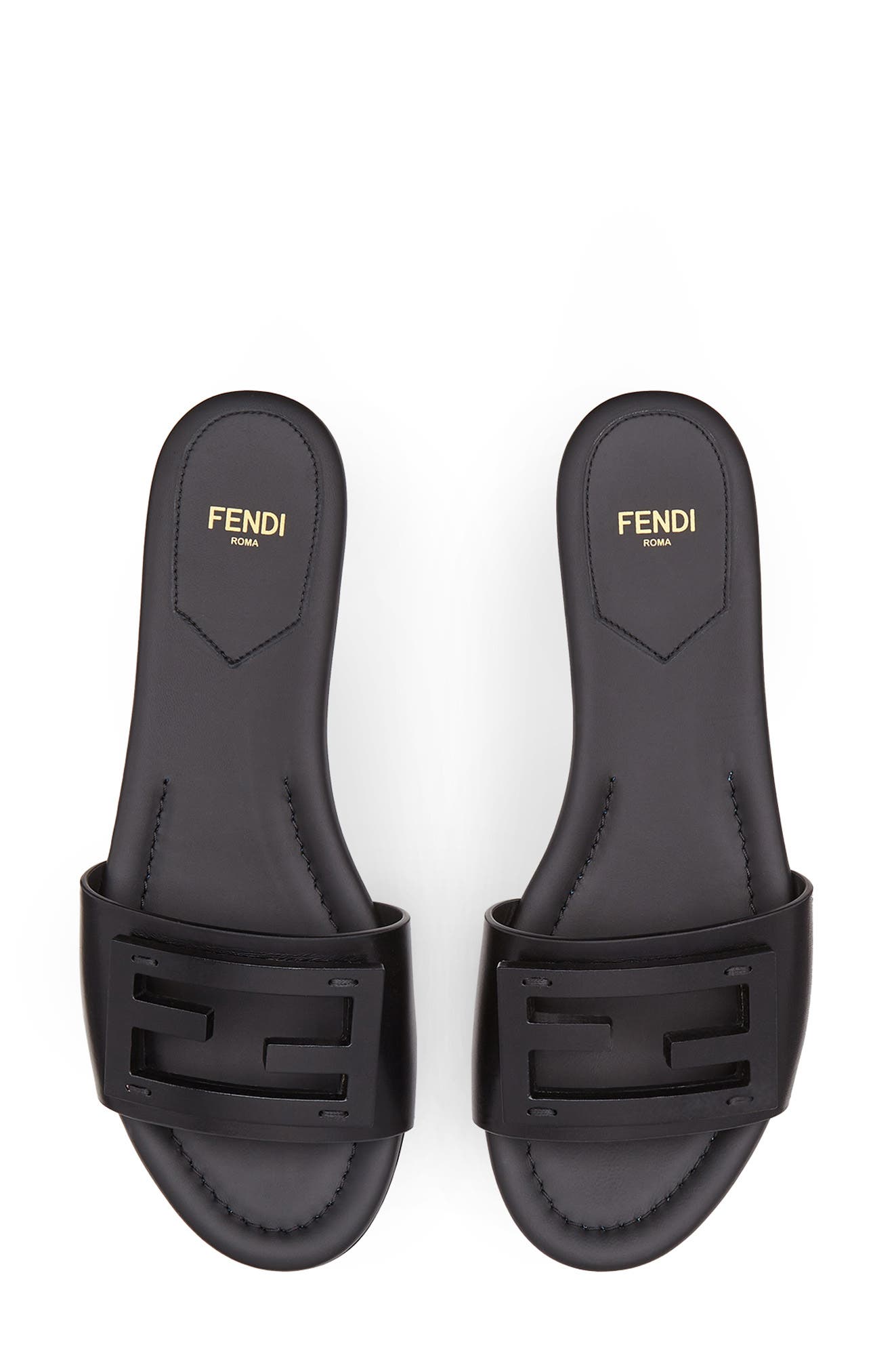 Fendi Signature Logo Slide Sandal, Alternate, color, Black