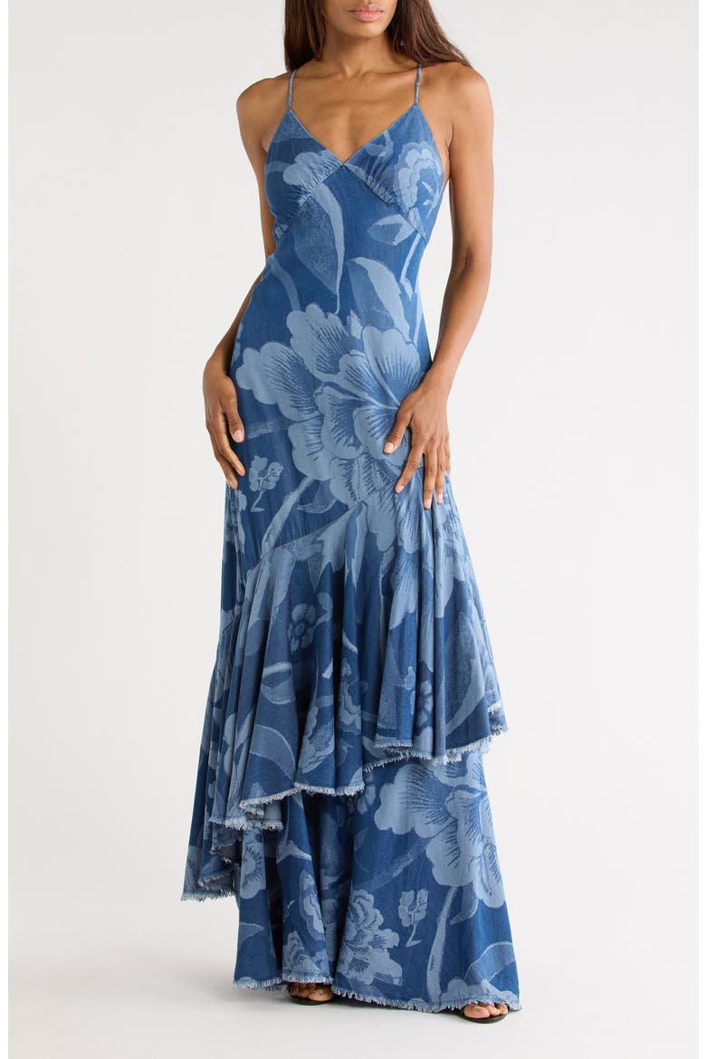 asymmetric ruffle maxi dress Stolen Love Blue Strapless Asymmetrical Ruffle Hem Maxi Dress small