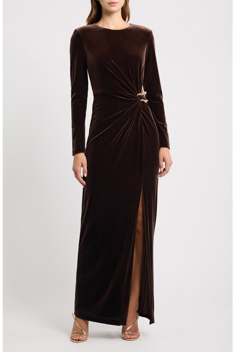Ruched Long Sleeve Velvet Gown, Main, color, CHOCOLATE
