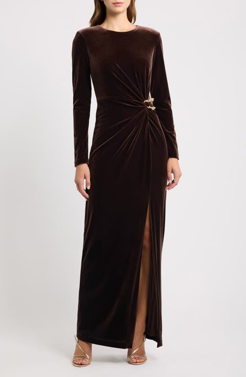 Ruched Long Sleeve Velvet Gown