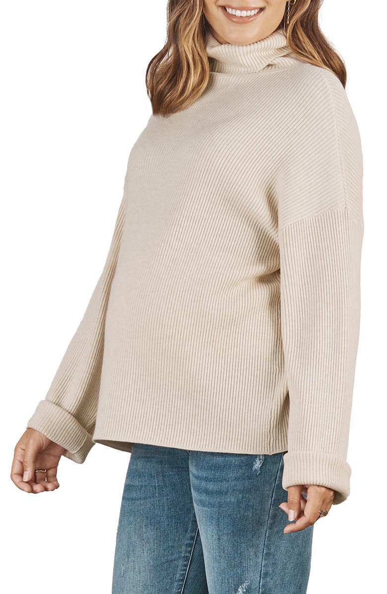 Angel Maternity Turtleneck Rib Maternity Sweater, Alternate, color, Cream