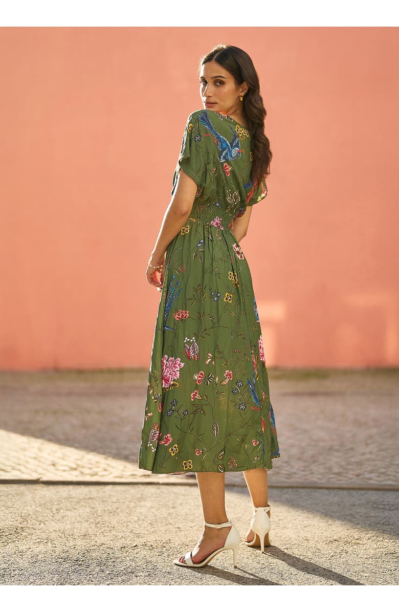 Yumi Ruched Waist Kimono Sleeve Midi Dress, Alternate, color, Green