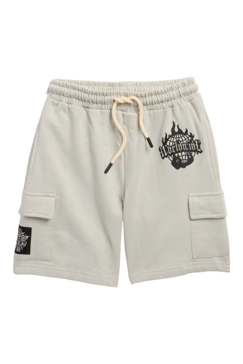 Kids' Gideon Fleece Cargo Shorts, Main, color, OYSTER MUSHROOM/ WORLDWIDE