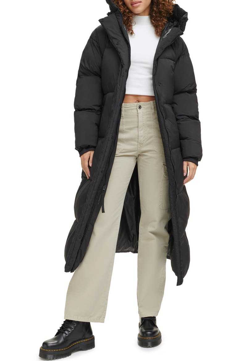 Side Zip Hooded Maxi Puffer Jacket, Main, color, BLACK