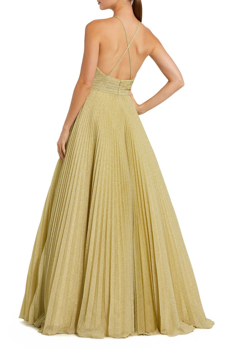 Shimmering Pleated High Neck Open Back Gown, Alternate, color, Gold