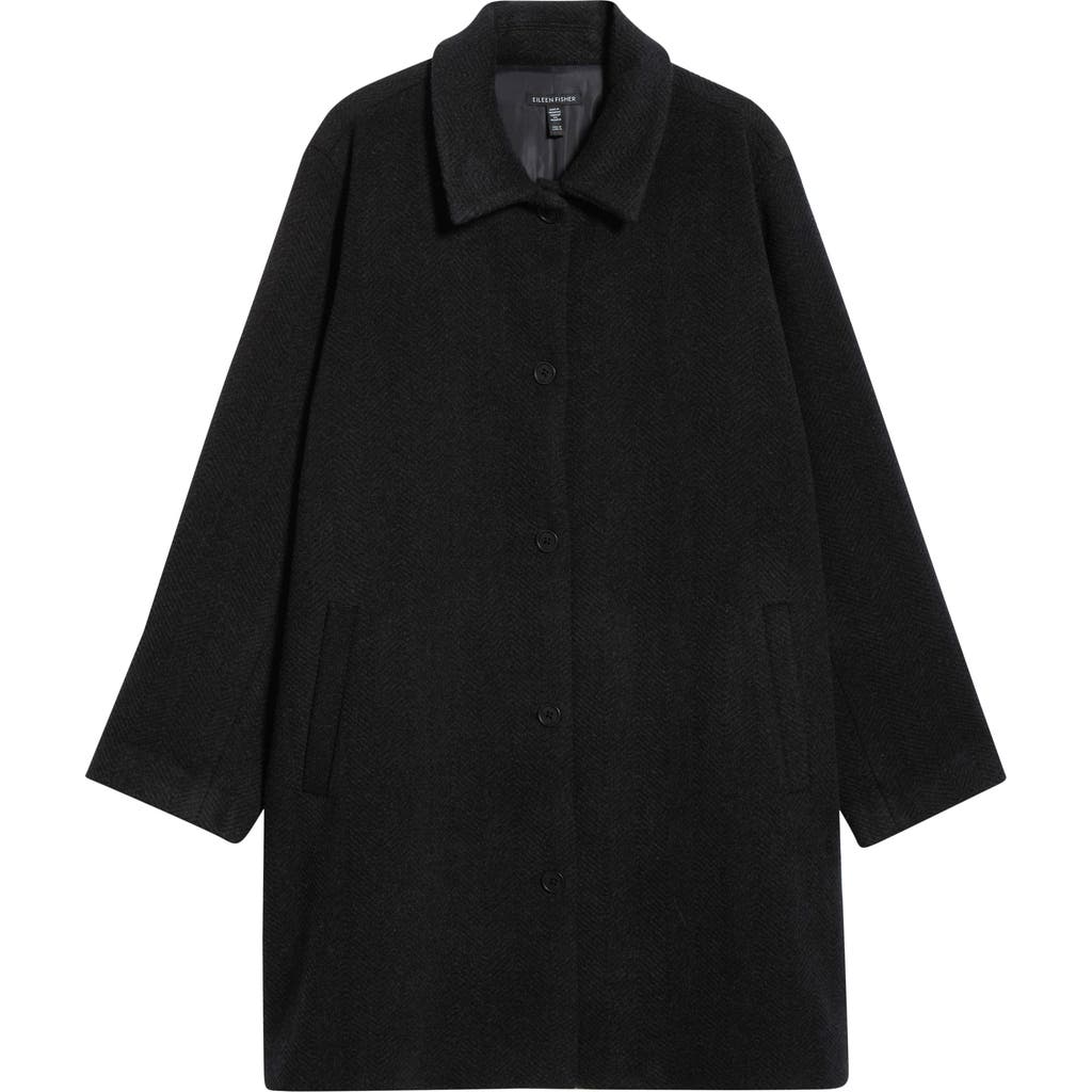 Eileen Fisher Classic Collar Wool Herringbone Coat In Black