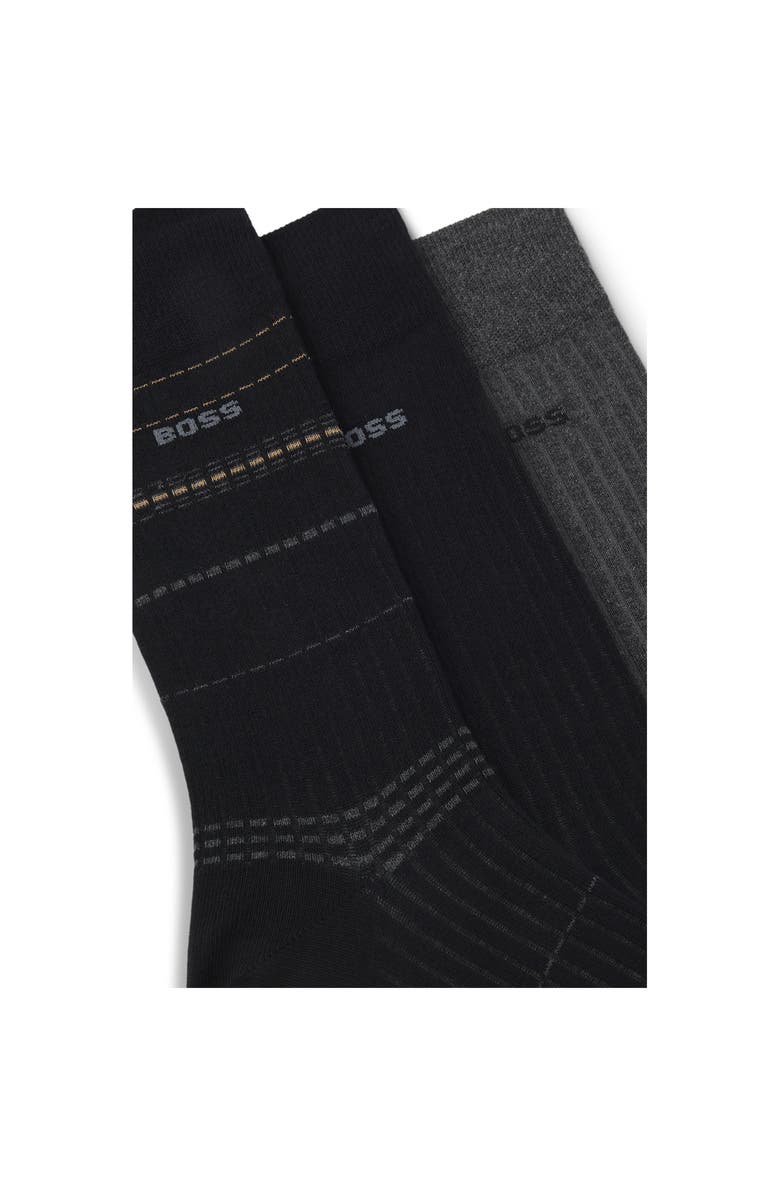 BOSS Assorted 3-Pack Ribbed Stripe & Solid Cotton Blend Dress Socks, Alternate, color, Black